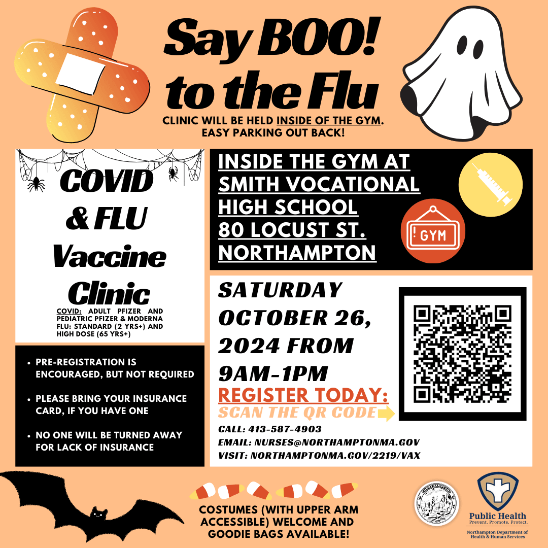 Vaccine clinic flyer with ghost that contains details included on the text of this page