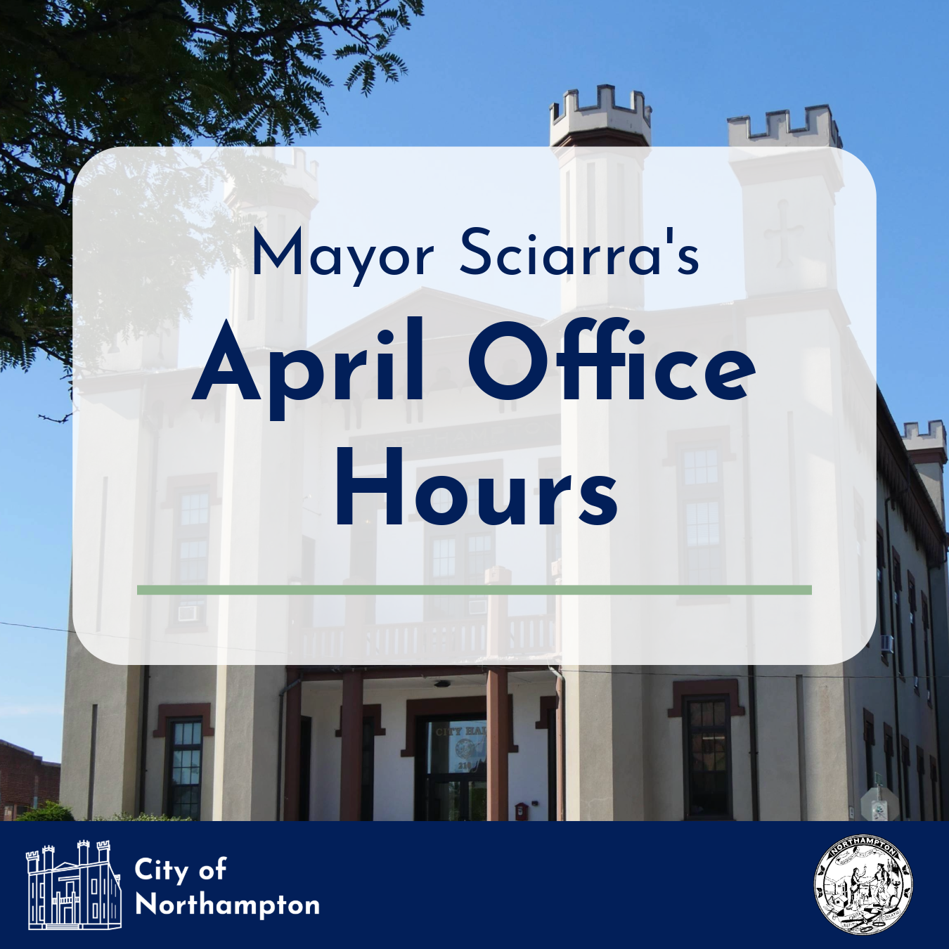 Image of Mayor's April Office Hours with city hall in the background